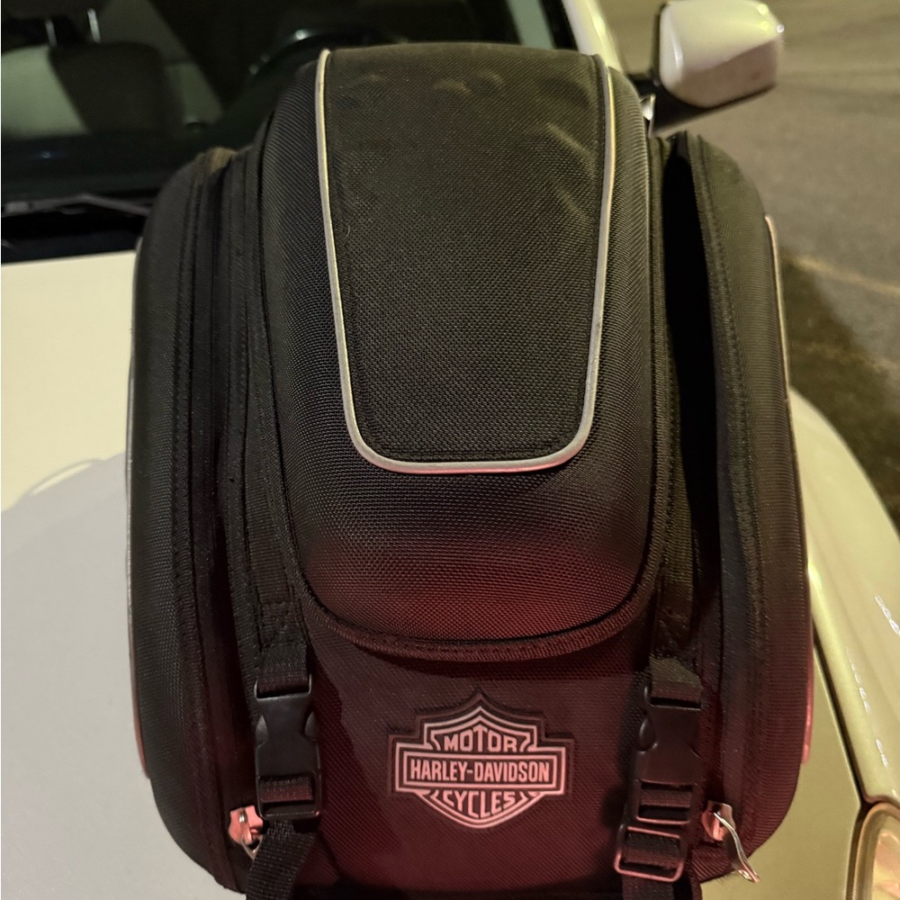 Harley-Davidson tail bag with bar and shield logo.